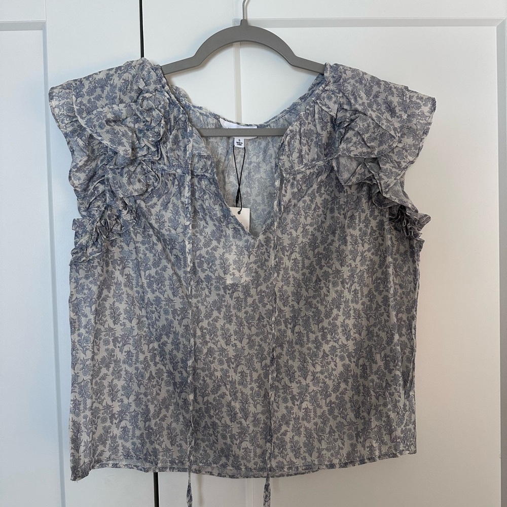 Mable Floral Ruffle Sleeve Top - Blue Floral